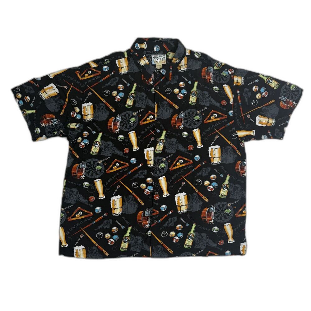 Big Dogs Men’s 3XL Billiards Beer Button Up Shirt Black Rayon Short Sleeve